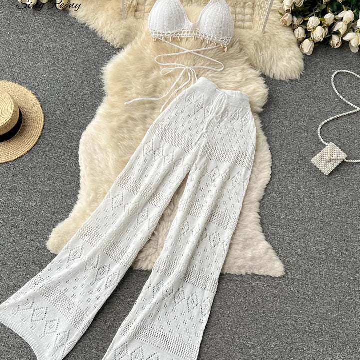 Women Summer Knitted Set Halter Short