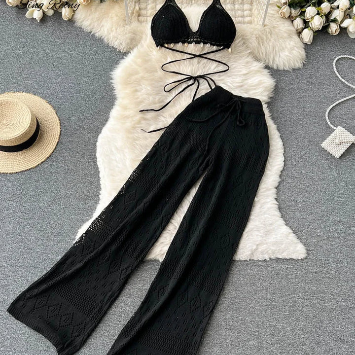 Women Summer Knitted Set Halter Short