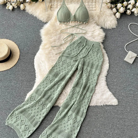 Women Summer Knitted Set Halter Short
