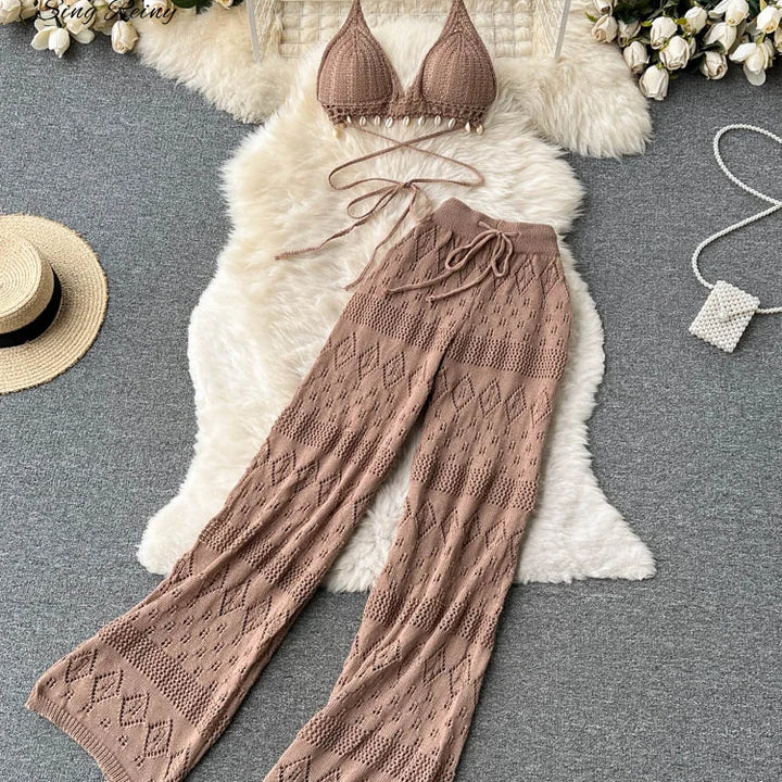 Women Summer Knitted Set Halter Short