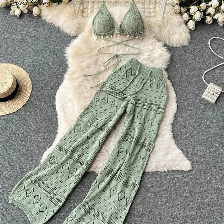 Women Summer Knitted Set Halter Short