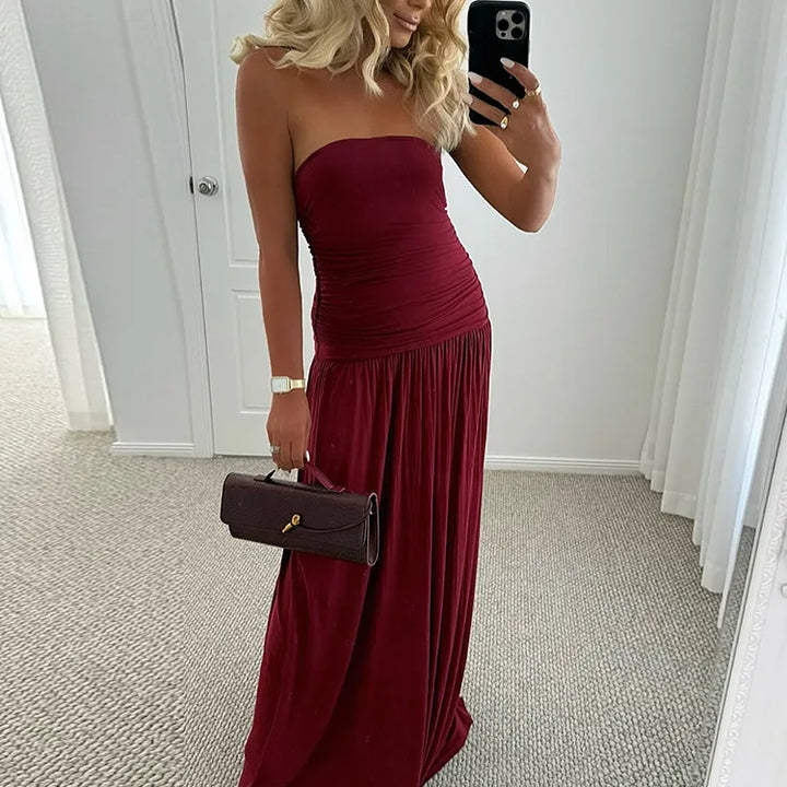 Mozision Sexy Strapless Pleated Off Shoulder Long Dress