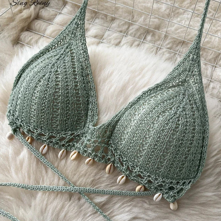 Women Summer Knitted Set Halter Short