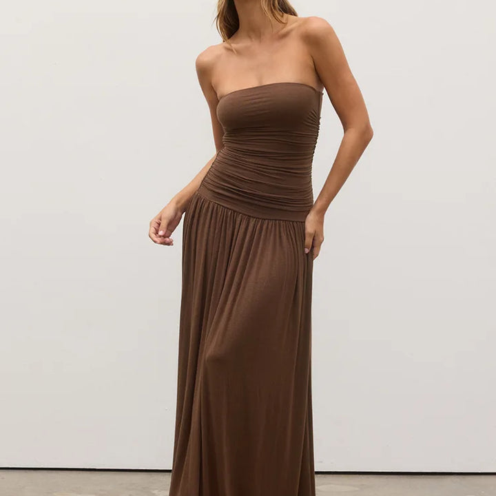 Mozision Sexy Strapless Pleated Off Shoulder Long Dress